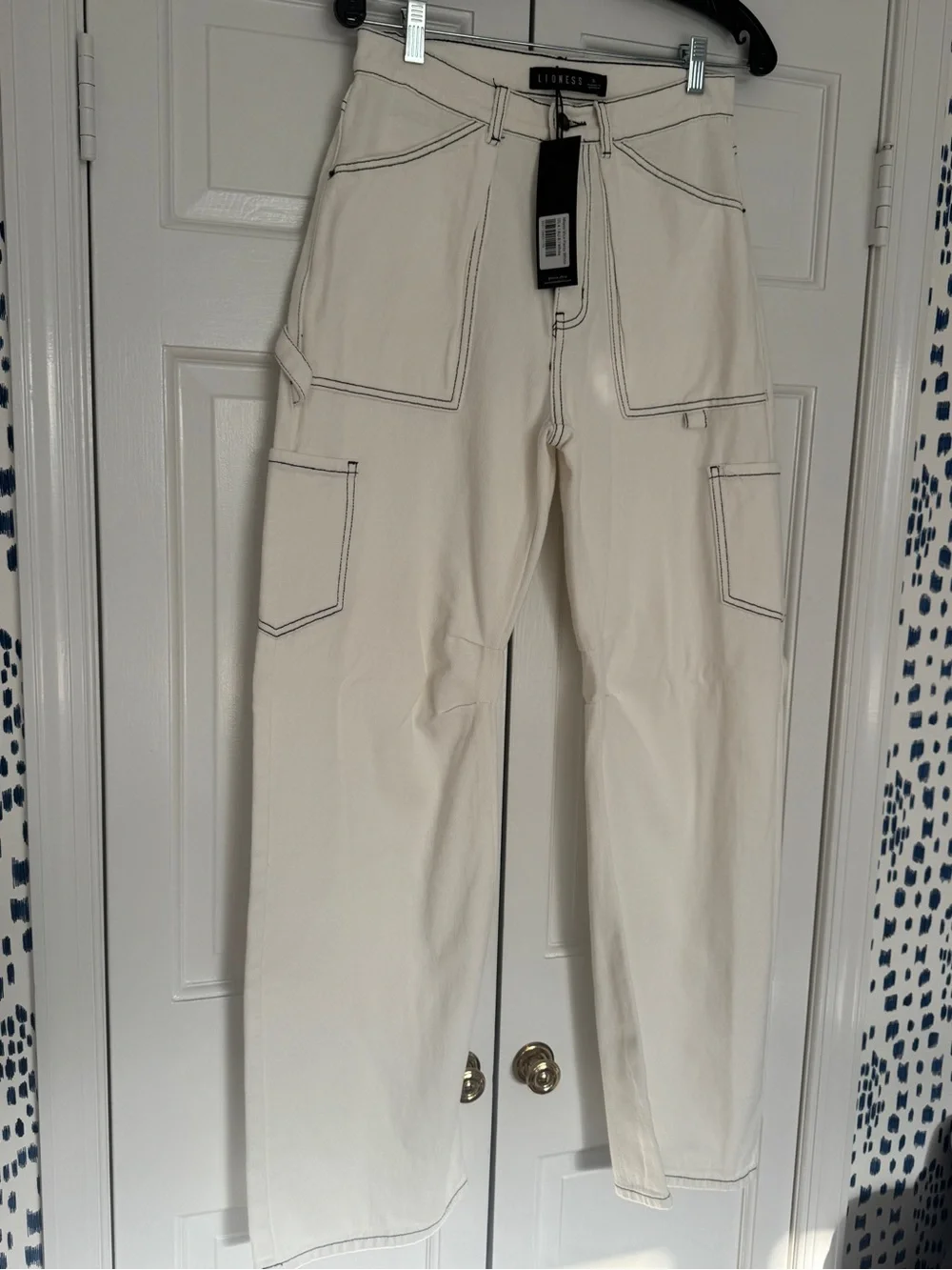 Lioness Cream Carpenter Cargo Pants with Dark Contrast Stitching - Picture 1 of 5